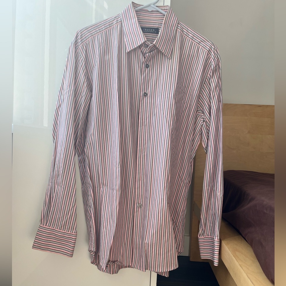 TRUGEN Men’s Pink and Blue 100% Cotton Striped Dress Shirt - Medium